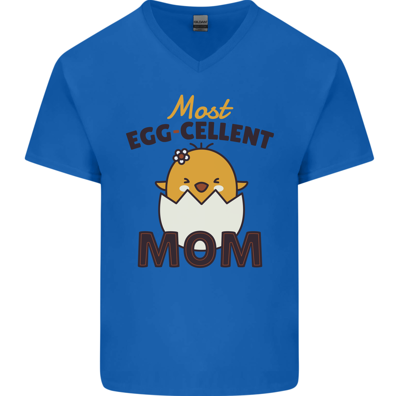 Mother's Day Easter Most Egg-cellent Mom Mens V-Neck Cotton T-Shirt Royal Blue