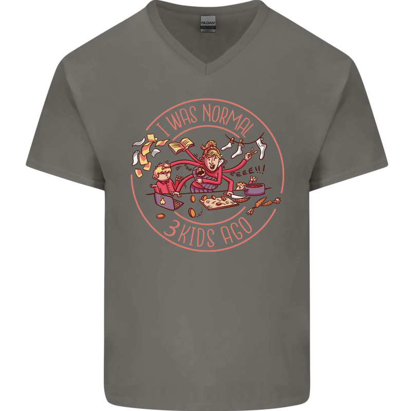 Mother's Day I Was Normal Three Kids Ago Mens V-Neck Cotton T-Shirt Charcoal