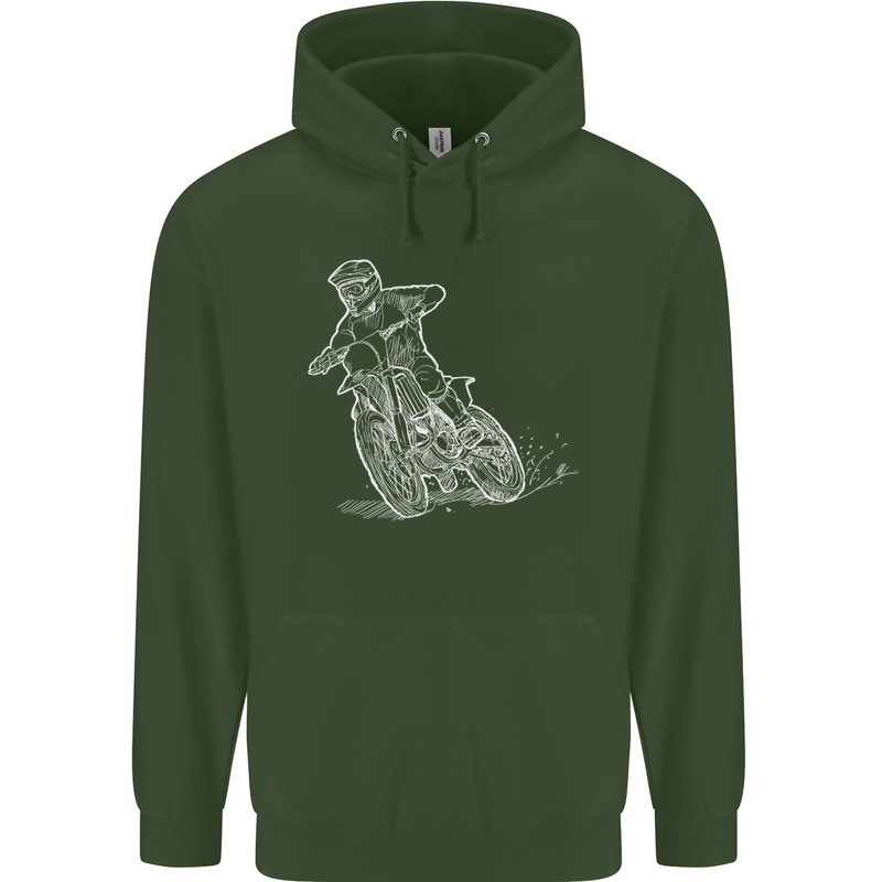 Motocross Bike Line Drawing Dirt Bike MotoX Childrens Kids Hoodie Forest Green