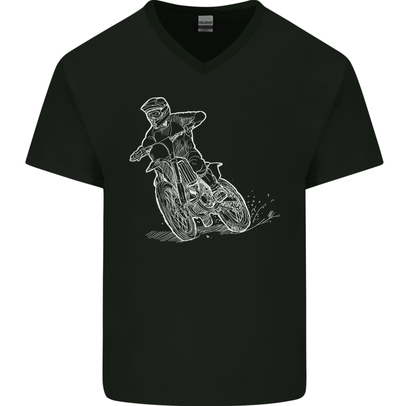 Motocross Bike Line Drawing Dirt Bike MotoX Mens V-Neck Cotton T-Shirt Black