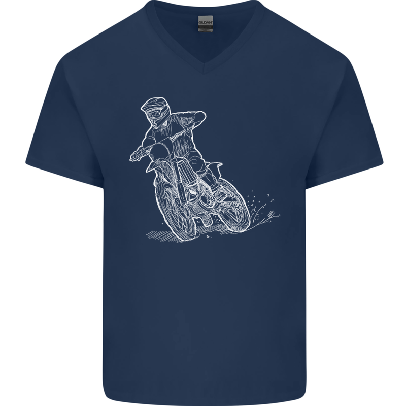 Motocross Bike Line Drawing Dirt Bike MotoX Mens V-Neck Cotton T-Shirt Navy Blue