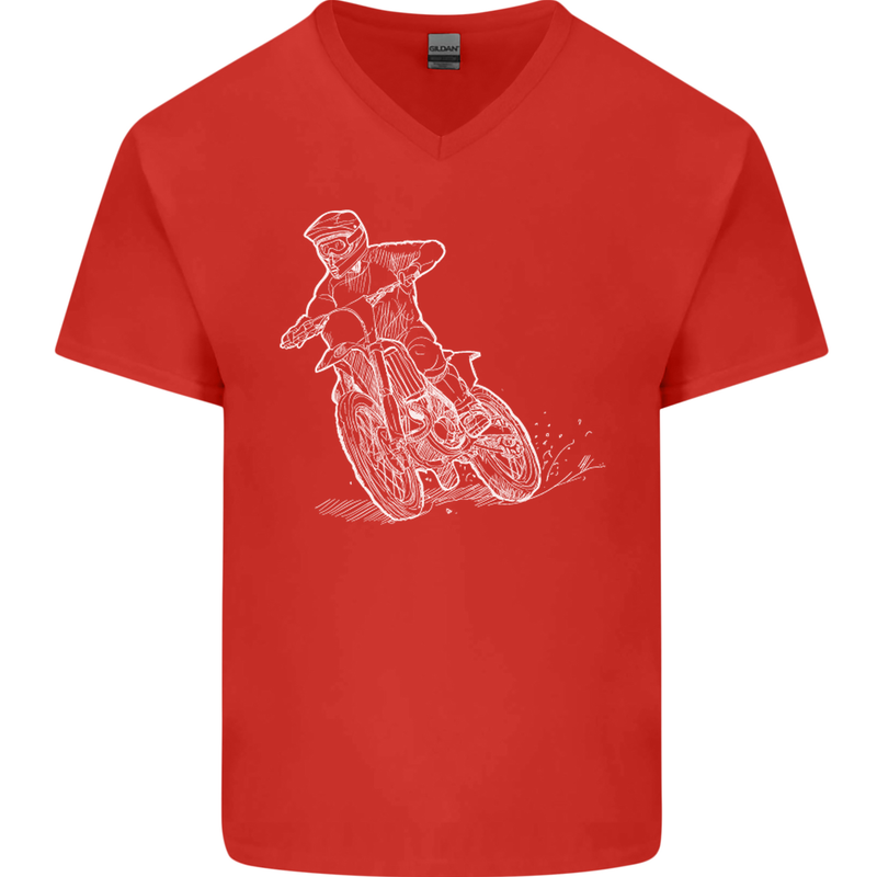 Motocross Bike Line Drawing Dirt Bike MotoX Mens V-Neck Cotton T-Shirt Red
