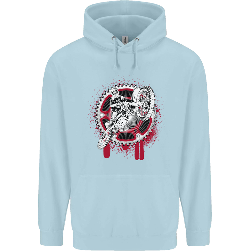 Motocross Bike on a Background of Gears Childrens Kids Hoodie Light Blue