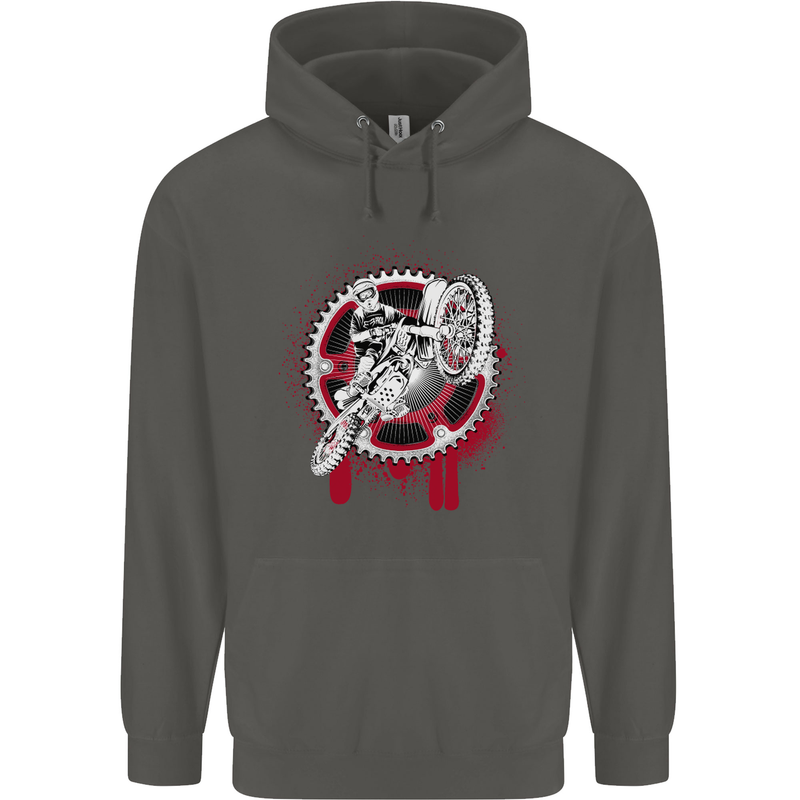 Motocross Bike on a Background of Gears Childrens Kids Hoodie Storm Grey
