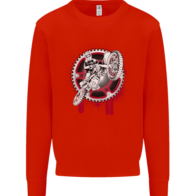 Motocross Bike on a Background of Gears Kids Sweatshirt Jumper Bright Red