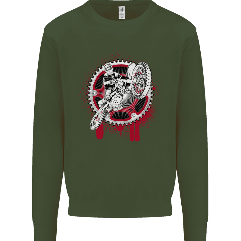 Motocross Bike on a Background of Gears Kids Sweatshirt Jumper Forest Green