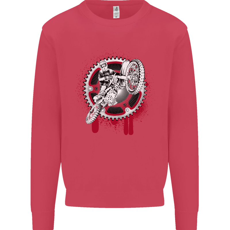 Motocross Bike on a Background of Gears Kids Sweatshirt Jumper Heliconia