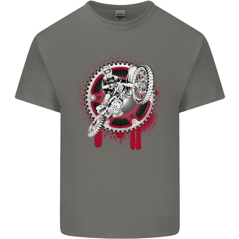 Motocross Bike on a Background of Gears Kids T-Shirt Childrens Charcoal