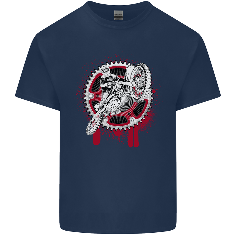 Motocross Bike on a Background of Gears Kids T-Shirt Childrens Navy Blue