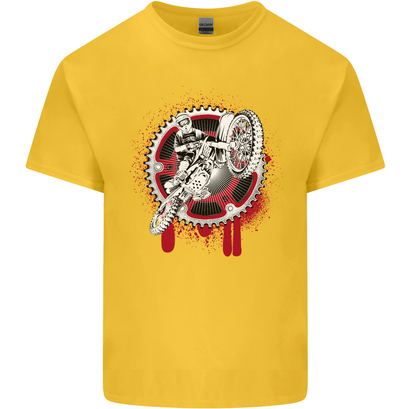 Motocross Bike on a Background of Gears Kids T-Shirt Childrens Yellow