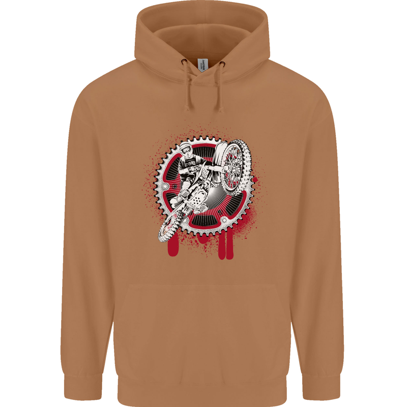 Motocross Bike on a Background of Gears Mens 80% Cotton Hoodie Caramel Latte