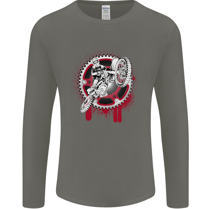 Motocross Bike on a Background of Gears Mens Long Sleeve T-Shirt Charcoal