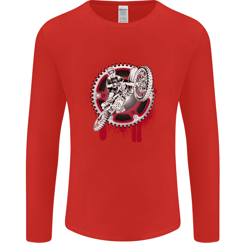 Motocross Bike on a Background of Gears Mens Long Sleeve T-Shirt Red