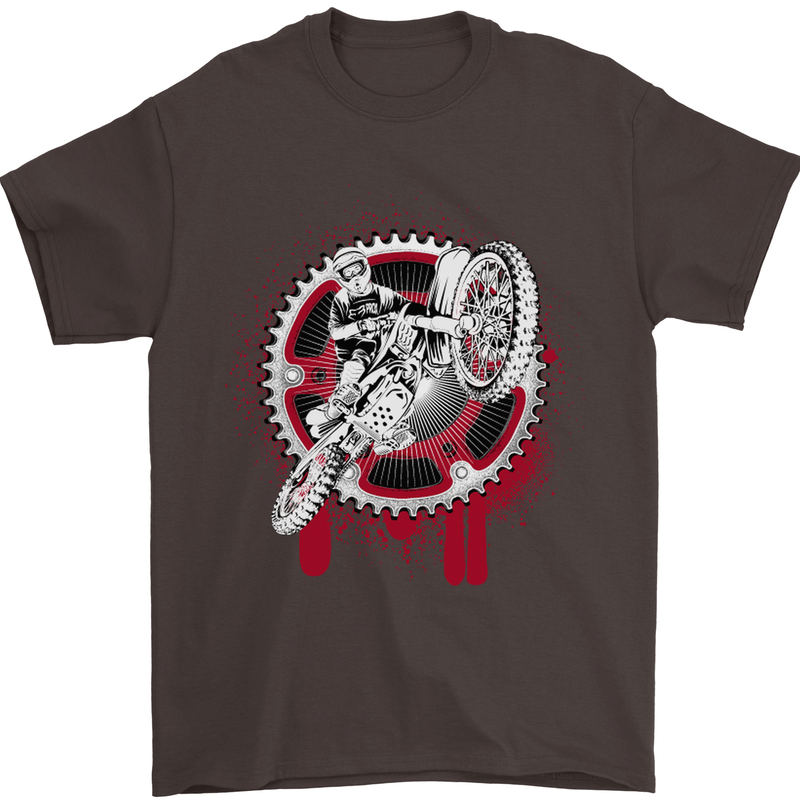 Motocross Bike on a Background of Gears Mens T-Shirt Cotton Gildan Dark Chocolate