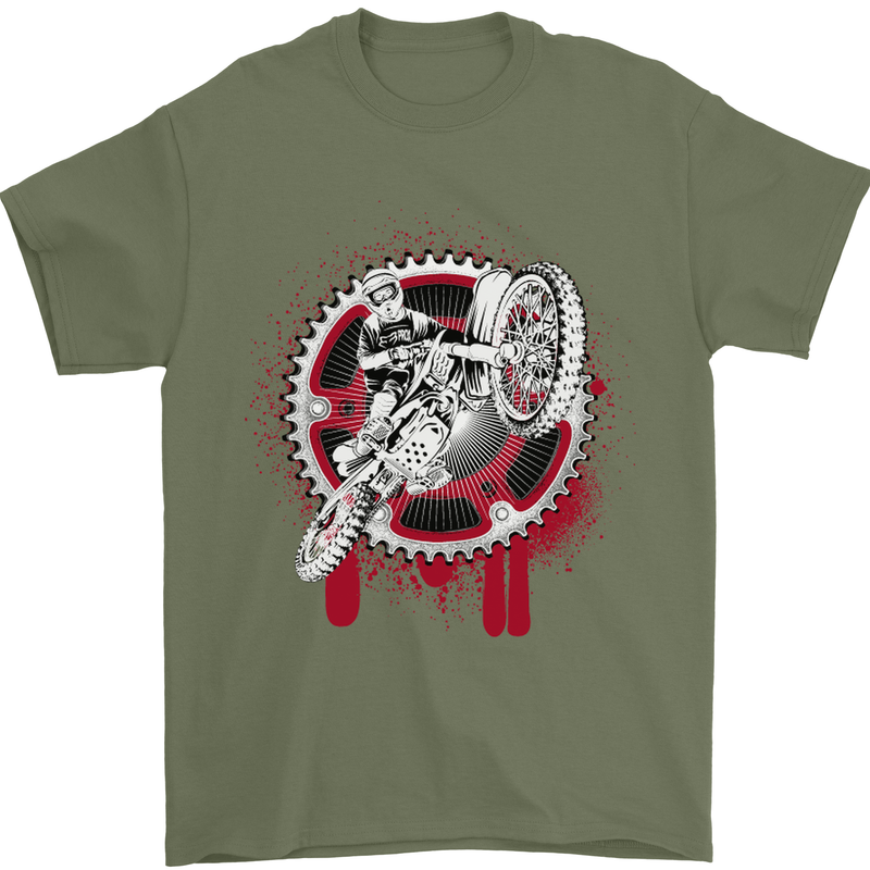 Motocross Bike on a Background of Gears Mens T-Shirt Cotton Gildan Military Green