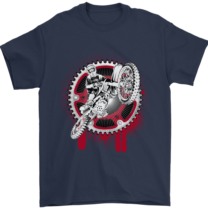 Motocross Bike on a Background of Gears Mens T-Shirt Cotton Gildan Navy Blue