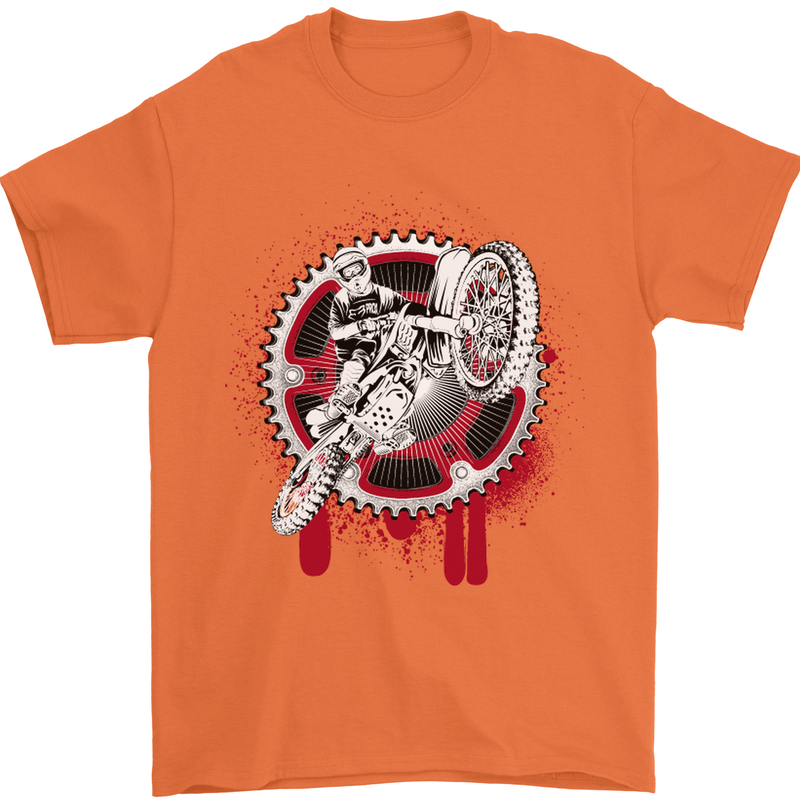 Motocross Bike on a Background of Gears Mens T-Shirt Cotton Gildan Orange