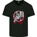 Motocross Bike on a Background of Gears Mens V-Neck Cotton T-Shirt Black