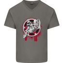 Motocross Bike on a Background of Gears Mens V-Neck Cotton T-Shirt Charcoal