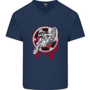 Motocross Bike on a Background of Gears Mens V-Neck Cotton T-Shirt Navy Blue