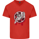 Motocross Bike on a Background of Gears Mens V-Neck Cotton T-Shirt Red