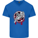 Motocross Bike on a Background of Gears Mens V-Neck Cotton T-Shirt Royal Blue
