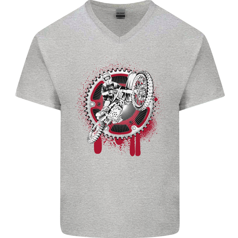 Motocross Bike on a Background of Gears Mens V-Neck Cotton T-Shirt Sports Grey