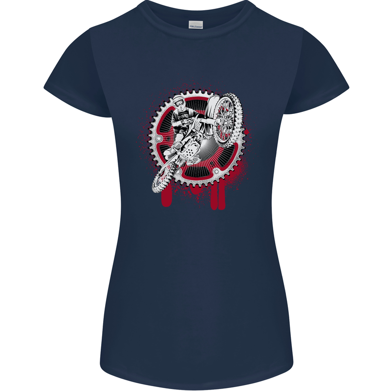 Motocross Bike on a Background of Gears Womens Petite Cut T-Shirt Navy Blue
