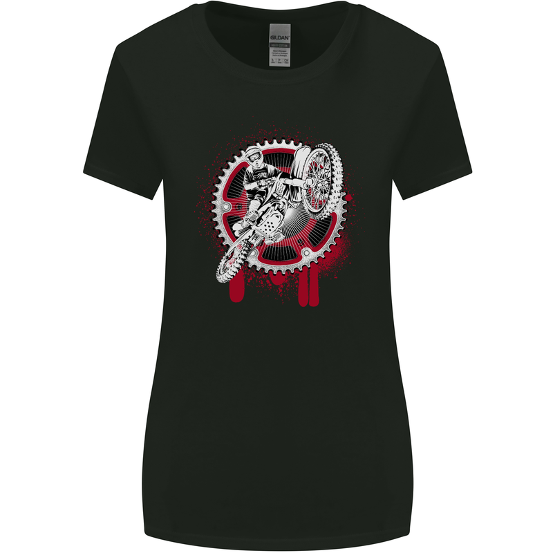 Motocross Bike on a Background of Gears Womens Wider Cut T-Shirt Black