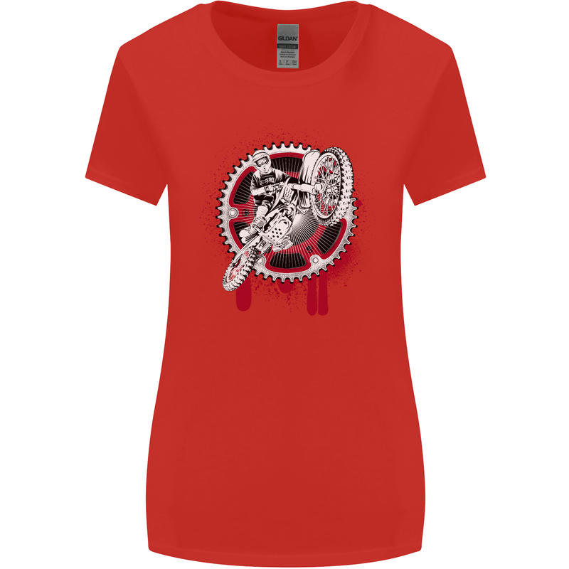 Motocross Bike on a Background of Gears Womens Wider Cut T-Shirt Red