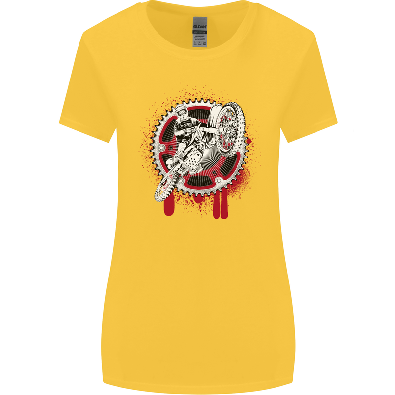 Motocross Bike on a Background of Gears Womens Wider Cut T-Shirt Yellow