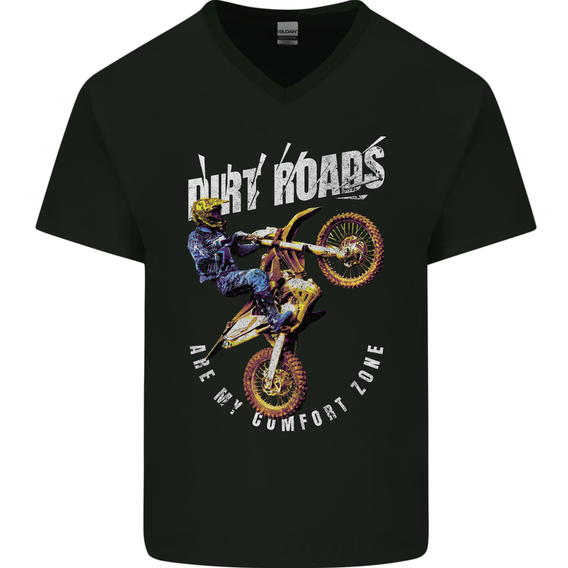 Motocross Dirt Roads Mens V-Neck Cotton T-Shirt Black