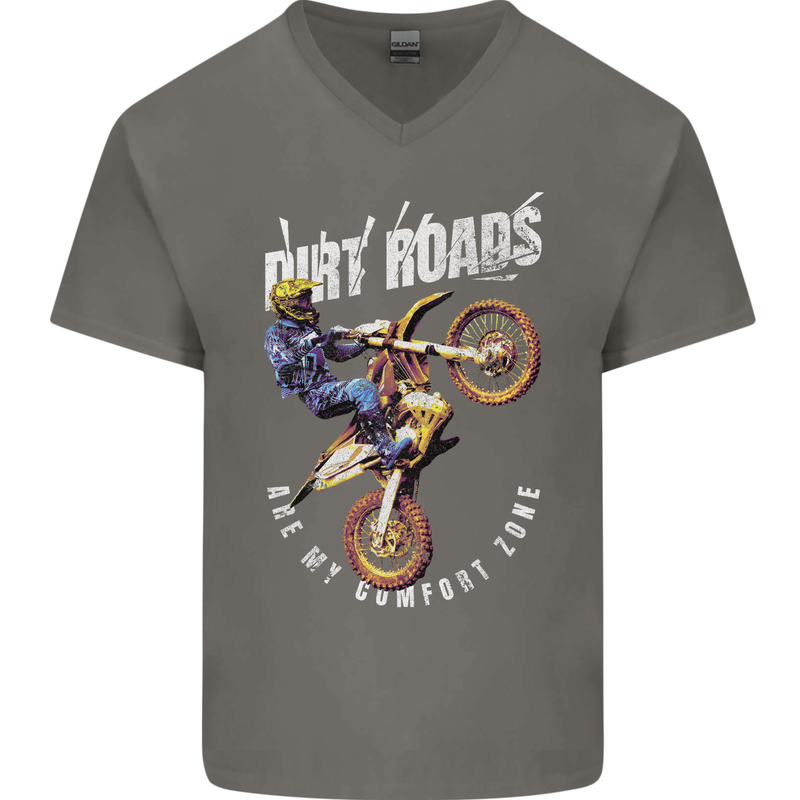 Motocross Dirt Roads Mens V-Neck Cotton T-Shirt Charcoal