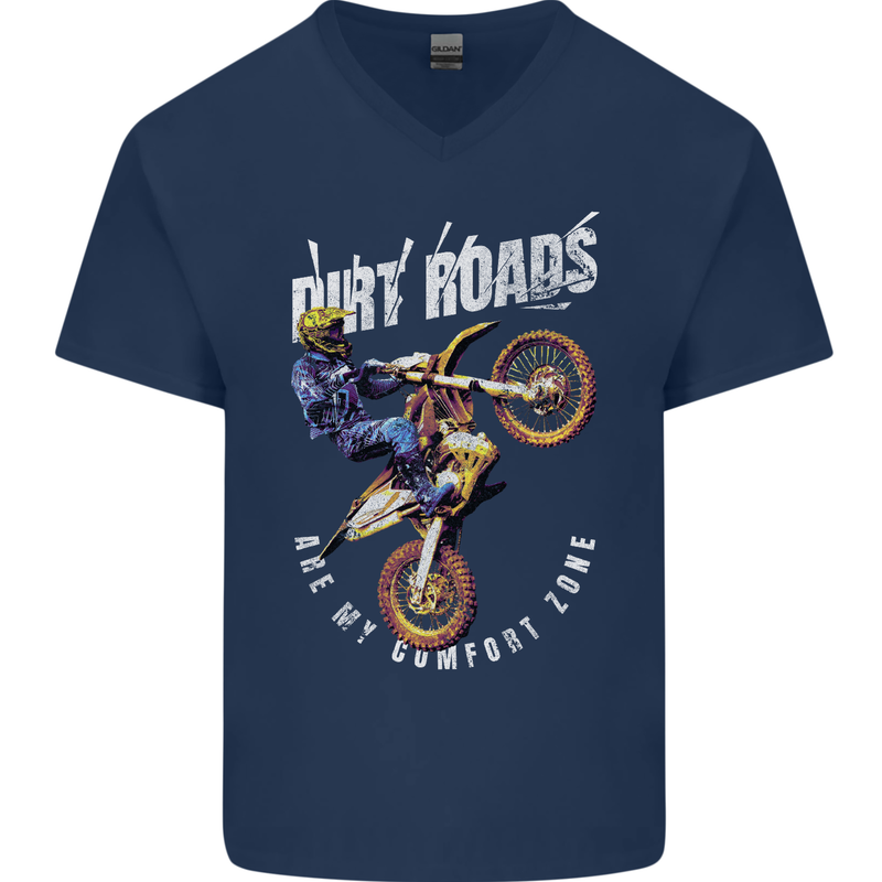 Motocross Dirt Roads Mens V-Neck Cotton T-Shirt Navy Blue