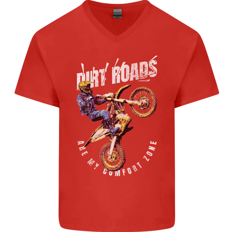 Motocross Dirt Roads Mens V-Neck Cotton T-Shirt Red