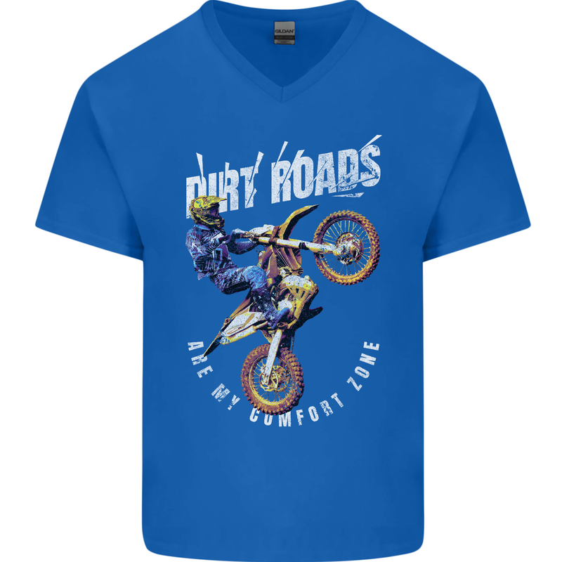 Motocross Dirt Roads Mens V-Neck Cotton T-Shirt Royal Blue