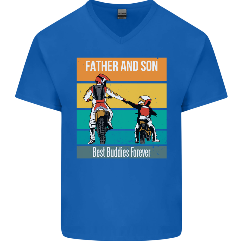 Motocross Father & Son Father's Day Mens V-Neck Cotton T-Shirt Royal Blue