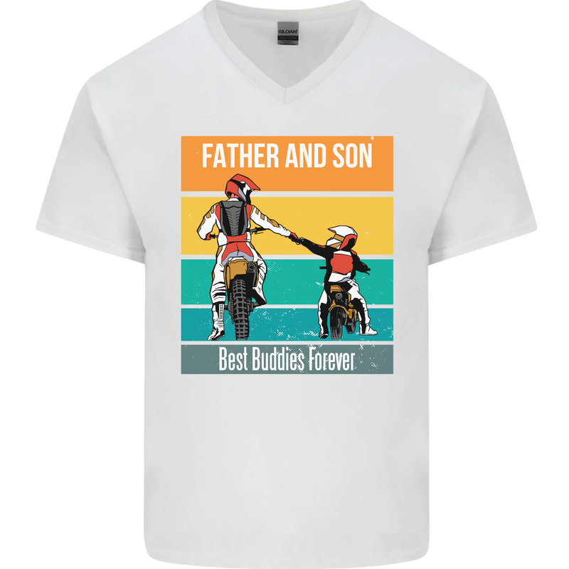 Motocross Father & Son Father's Day Mens V-Neck Cotton T-Shirt White
