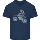 Motocross Line Drawing Dirt Bike MotoX Mens V-Neck Cotton T-Shirt Navy Blue