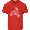 Motocross Line Drawing Dirt Bike MotoX Mens V-Neck Cotton T-Shirt Red