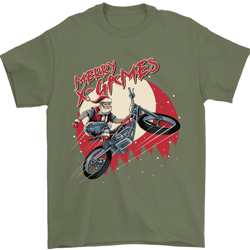 Motocross Merry X Games Dirt Bike Motorbike Mens T-Shirt Cotton Gildan Military Green