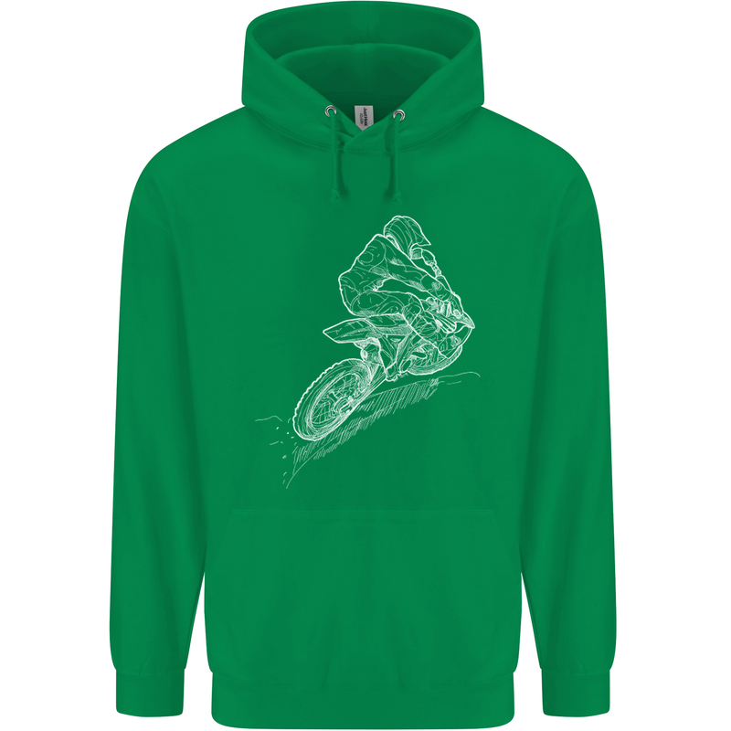 Motocross Rider Drawing Dirt Bike MotoX Childrens Kids Hoodie Irish Green