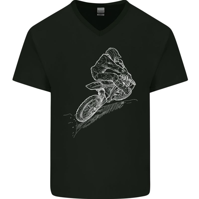 Motocross Rider Drawing Dirt Bike MotoX Mens V-Neck Cotton T-Shirt Black