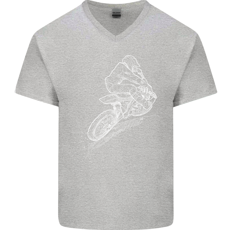 Motocross Rider Drawing Dirt Bike MotoX Mens V-Neck Cotton T-Shirt Sports Grey