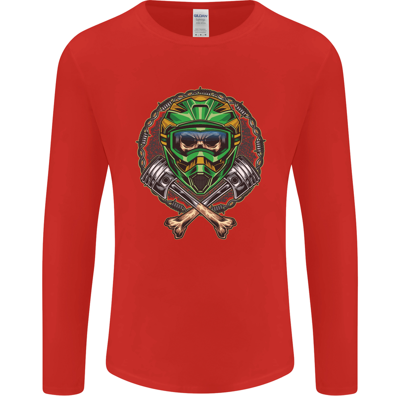 Motocross Skull Dirt Bike MotoX Mens Long Sleeve T-Shirt Red