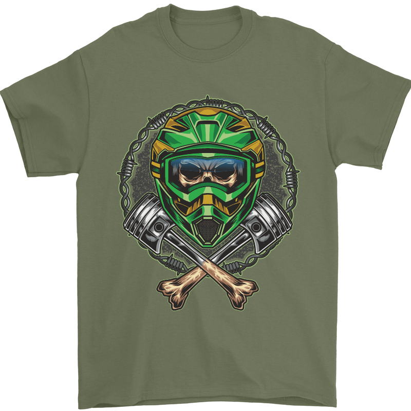 Motocross Skull Dirt Bike MotoX Mens T-Shirt Cotton Gildan Military Green
