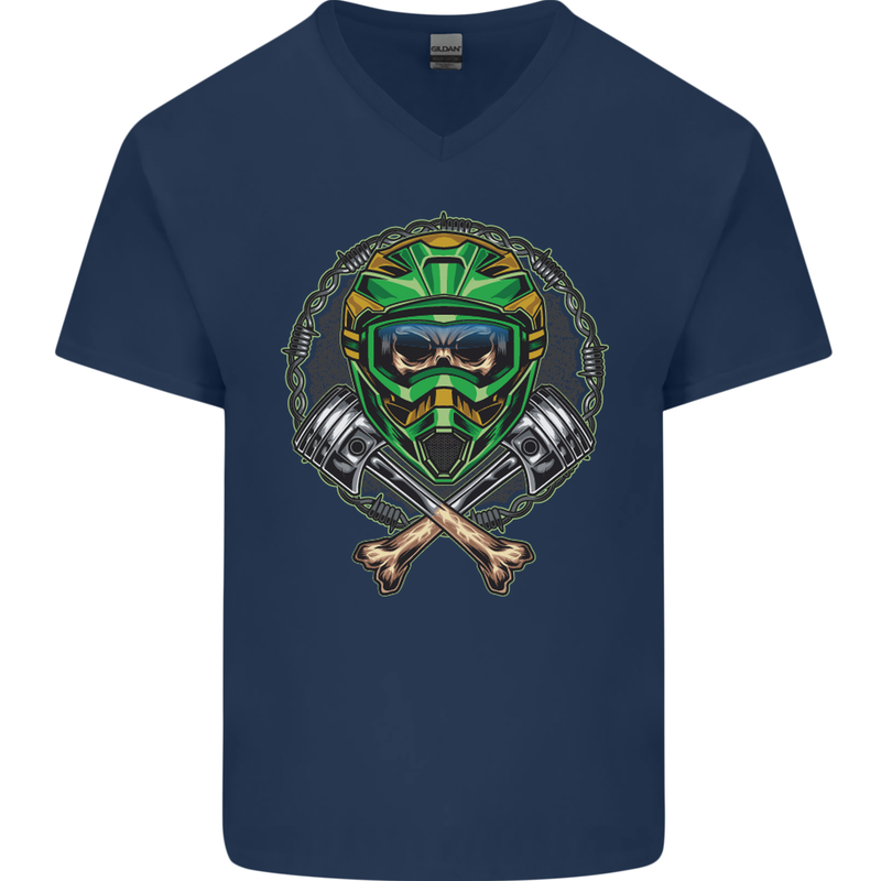 Motocross Skull Dirt Bike MotoX Mens V-Neck Cotton T-Shirt Navy Blue