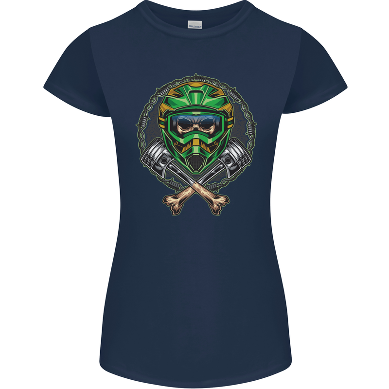 Motocross Skull Dirt Bike MotoX Womens Petite Cut T-Shirt Navy Blue