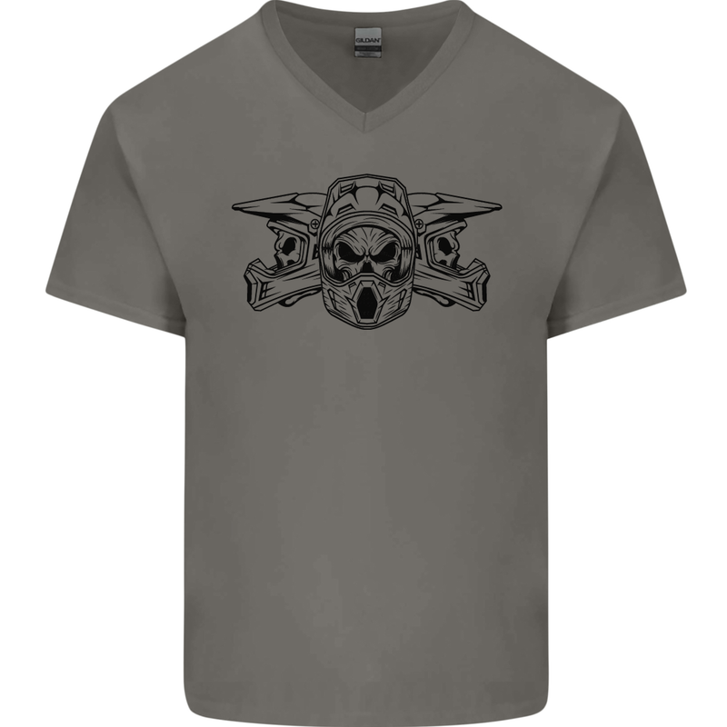 Motocross Skulls Dirt Bike MotoX Motorcycle Mens V-Neck Cotton T-Shirt Charcoal