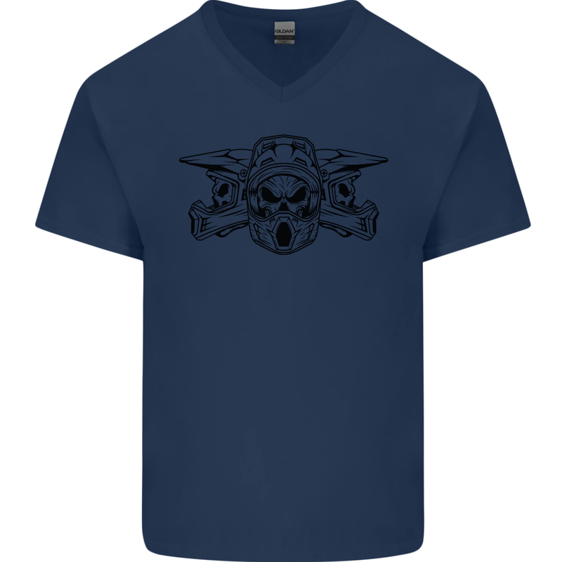 Motocross Skulls Dirt Bike MotoX Motorcycle Mens V-Neck Cotton T-Shirt Navy Blue